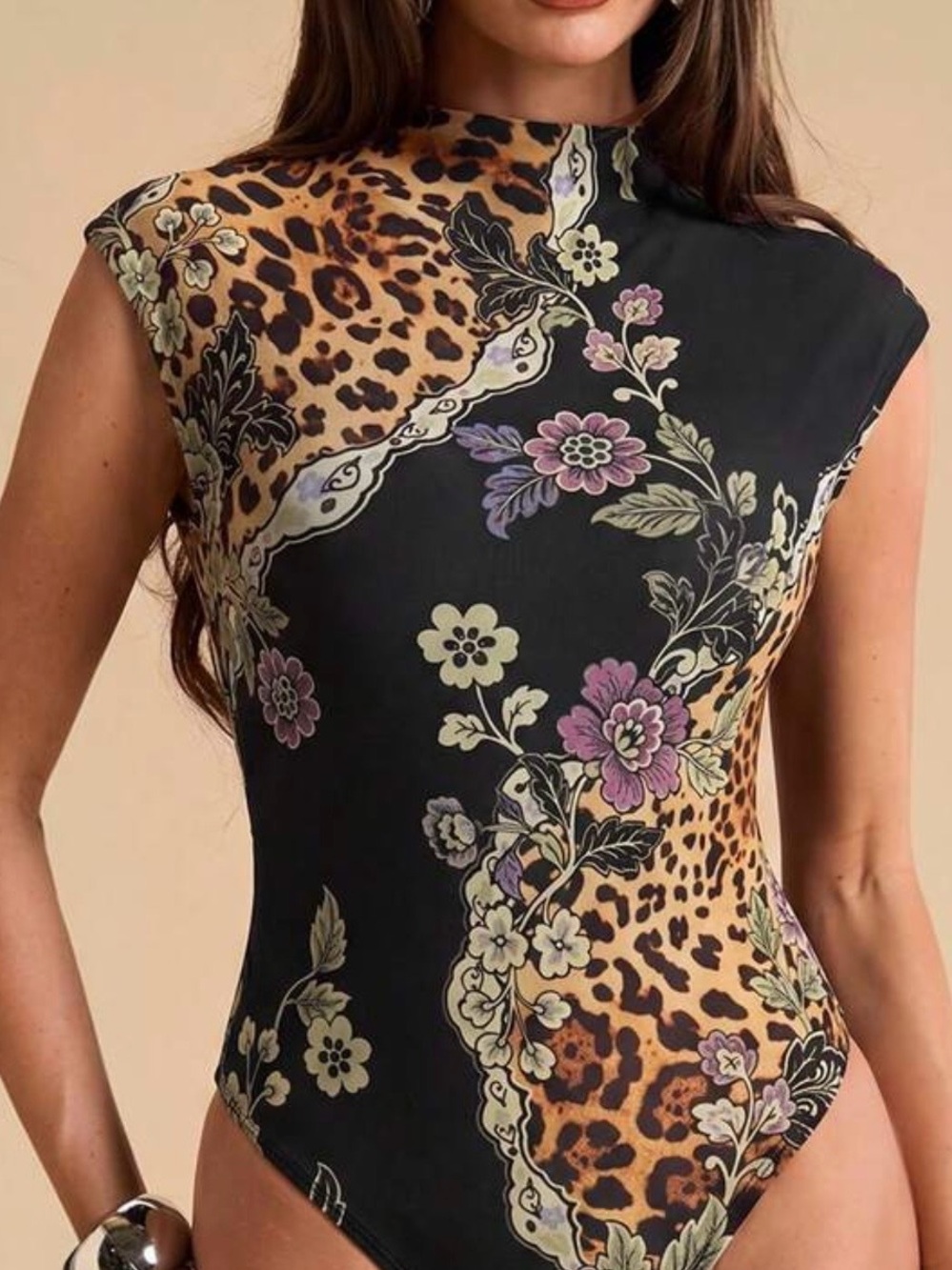 Sleeveless Black & Leopard Floral Mock-Neck Dress